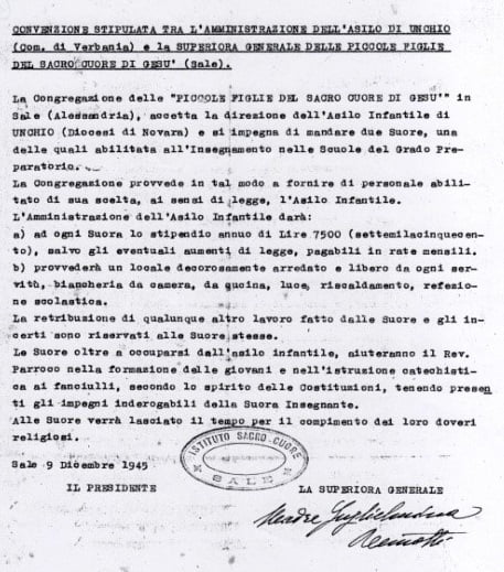 Convezione stipulata tra l’Amministrazione dell’Asilo di Unchio e la Superiora Generale delle Piccole Figlie del Sacro Cuore di Gesù