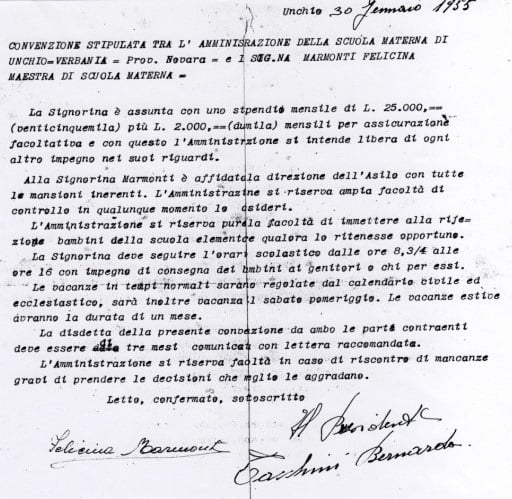 Convenzione stipulata tra l’amministrazione della Scuola Materna di Unchio e la sig.ra Marmonti Felicina (maestra della Scuola Materna)