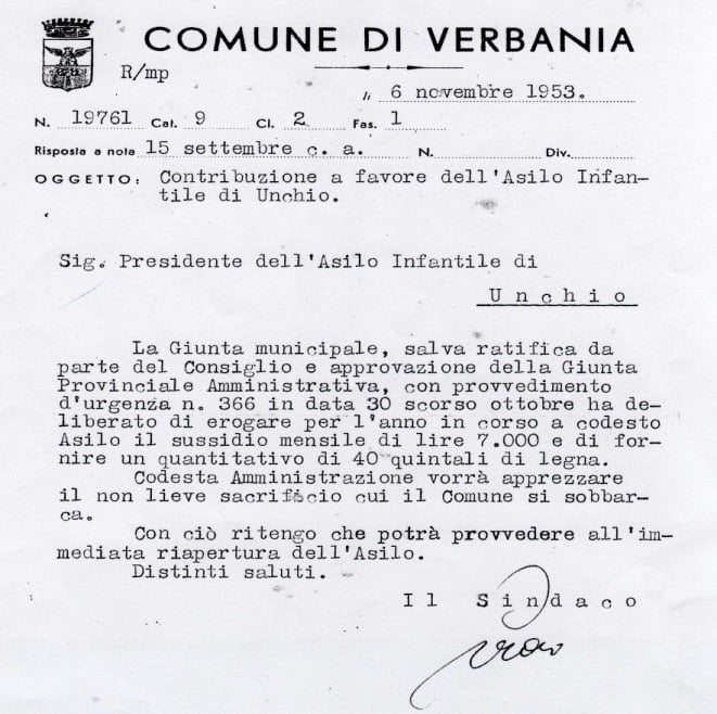 Contribuzione, a favore dell’Asilo Infantile di Unchio, del Comune di Verbania del 6 novembre 1953
