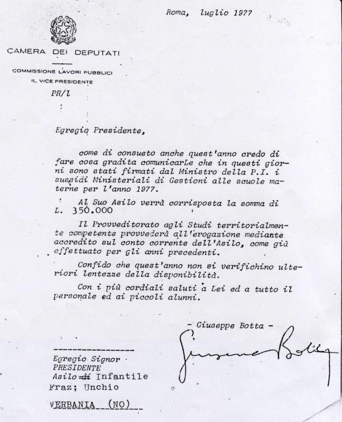 Comunicazione sussidio Camera dei Deputati Giuseppe Botta del luglio 1977